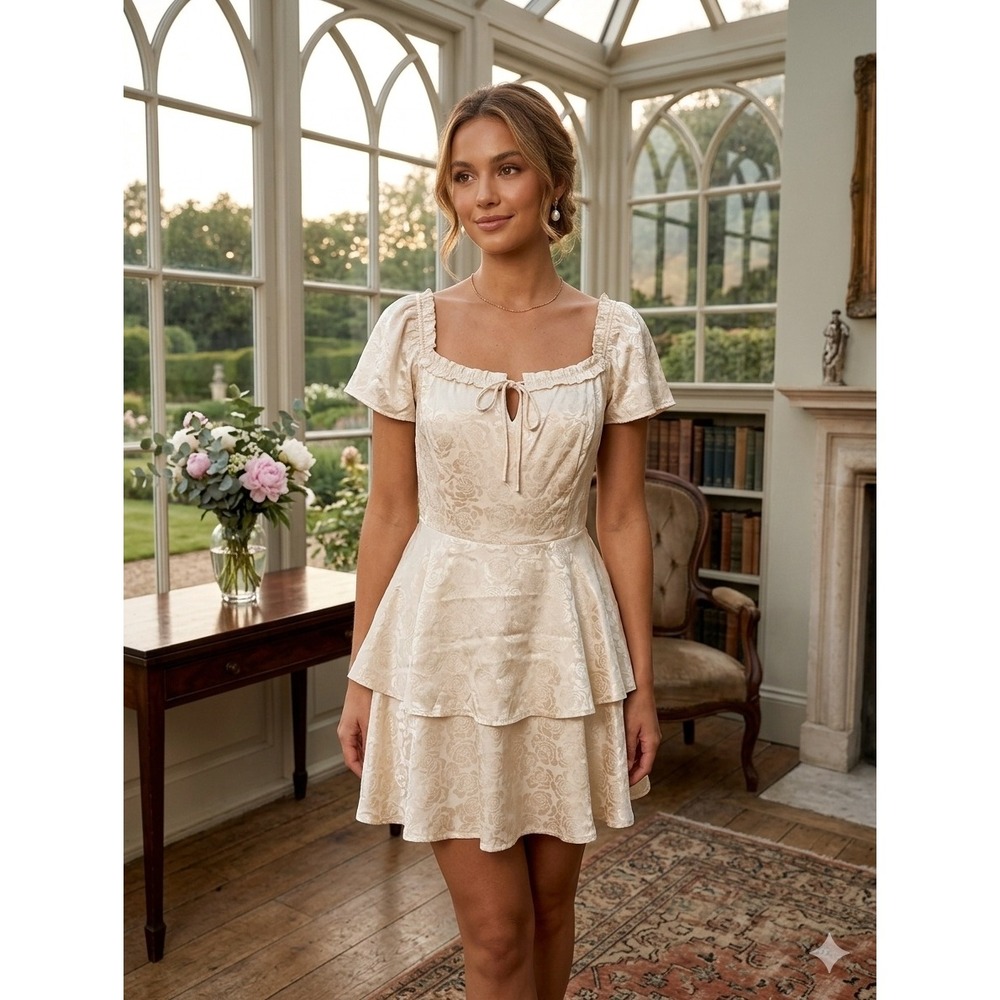 Francesca's Cream Satin Rose Jacquard Tiered‎ Mini Dress Smocked Back Size M NEW